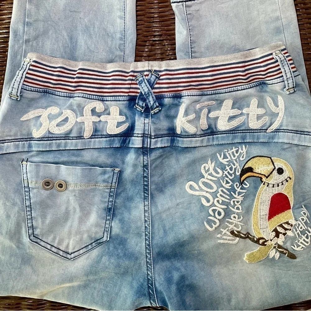 TwenySix Drawstring & Elastic Waist Jeans Embroidered Soft Kitty Large Size 10